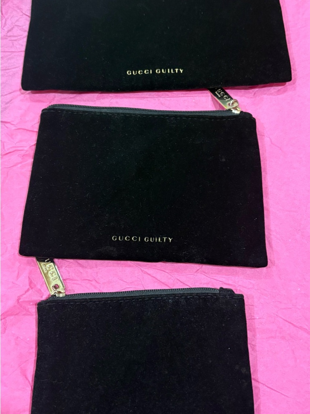 Gucci‎ Black Velvet 'Gucci Guilty' Pouch with Gold Hardware set of 3